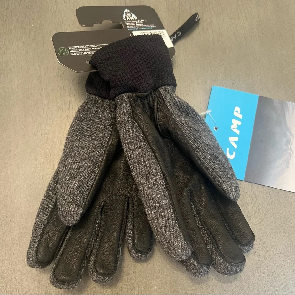 Camp G Wool Leather Winter Insulated Gloves Wrist Strap Black Gray Unisex XS